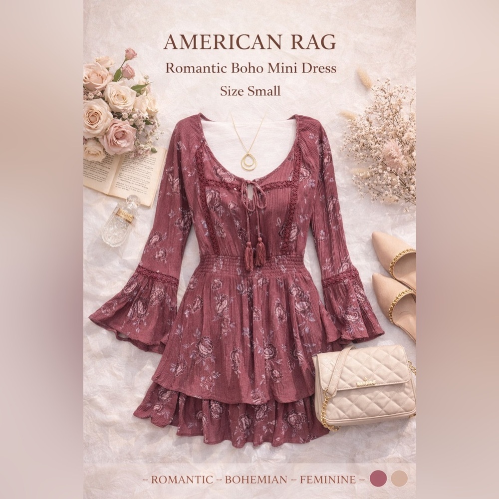 American Rag Mauve Floral Boho Mini Dress Size Small